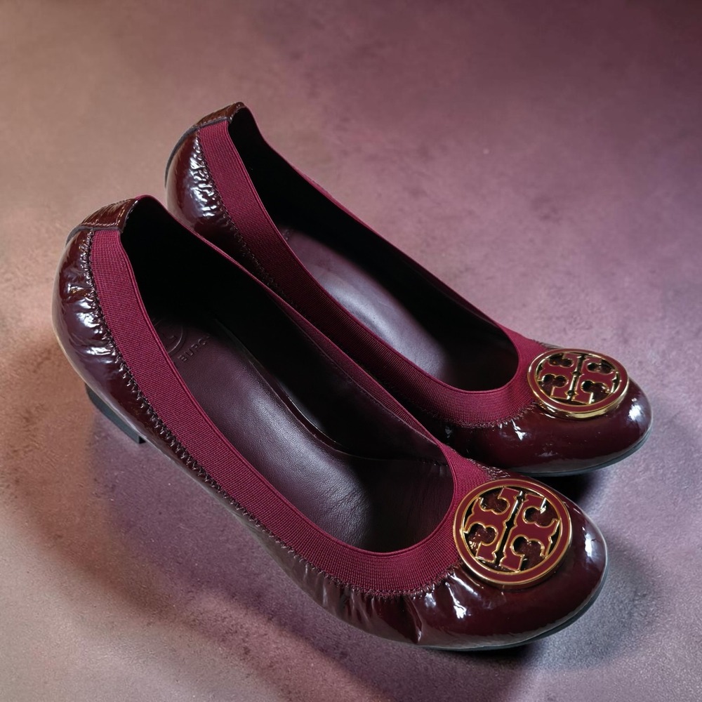 Tory Burch Caroline Wine Red Patent Leather Wedge Women's Heels Shoes Size 9.5